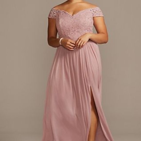 Off-the-Shoulder Lace and Mesh Bridesmaid Dress - Picture 1 of 12